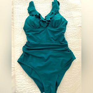 Women!s One Piece Swimsuit with Tummy Control & Ruffle V Neck. Teal color